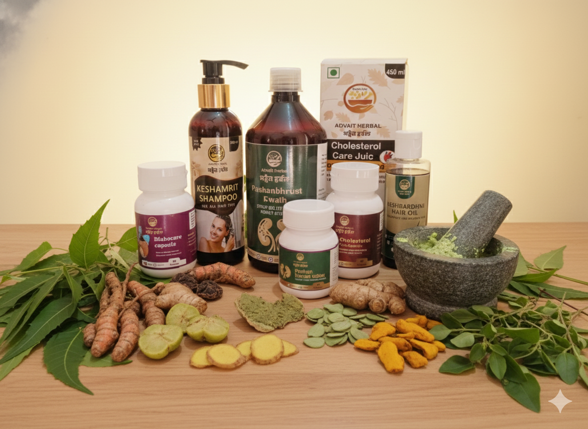 Assorted natural health products including bottles, a mortar and pestle, and fresh herbs on a wooden surface.