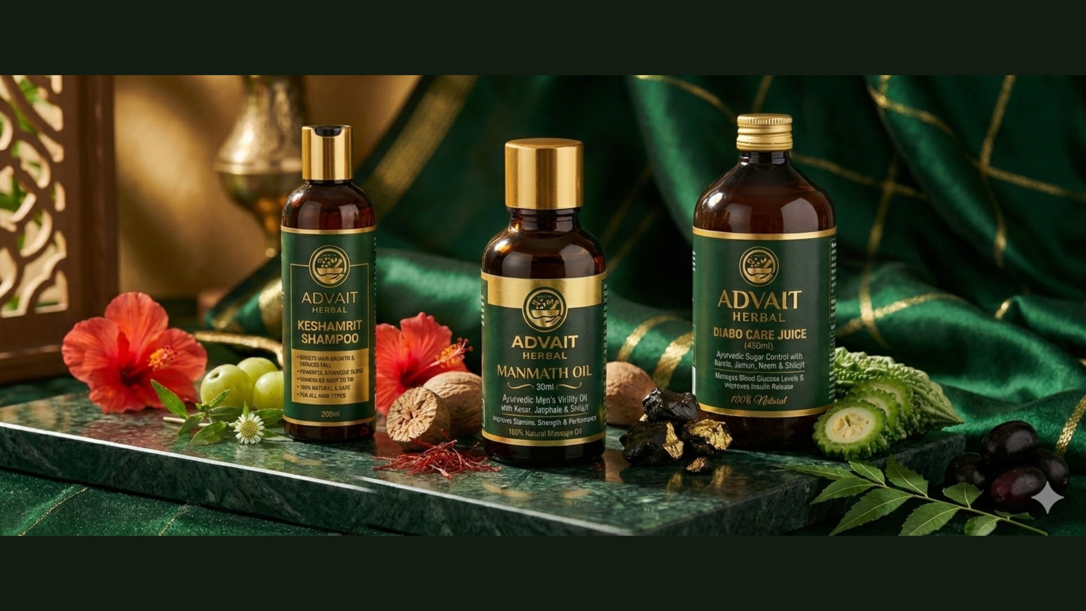 Three bottles of Advait Ayurvedic products on a decorative table with flowers and natural elements.